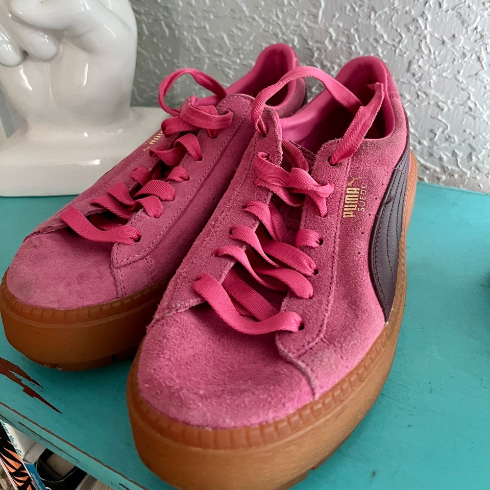 Puma Women's Suede Pink W/Brown Leather Trim size 8 1/2
